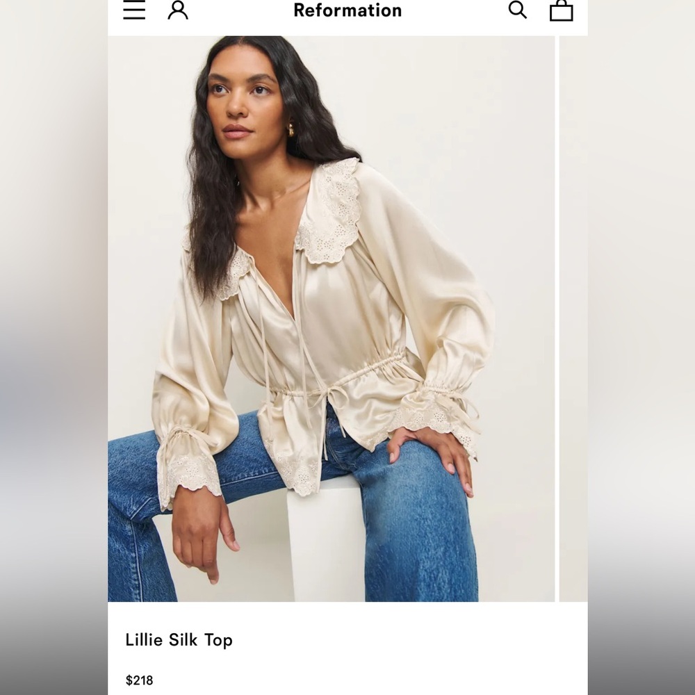Reformation Lillie Embroidered Silk Collar Top